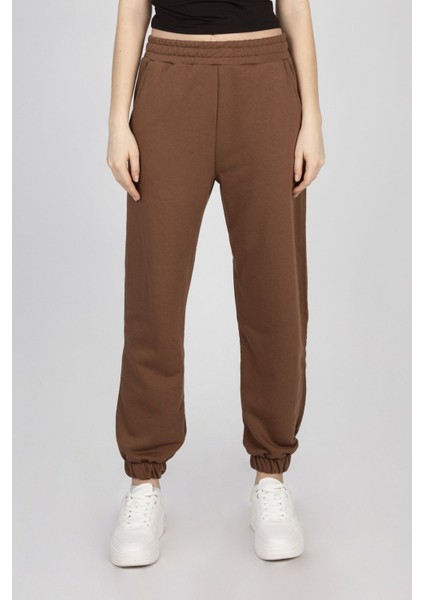 Kadın Orta Yükseklikte Elastik Bel Jogger Pantolonlar Kahverengi