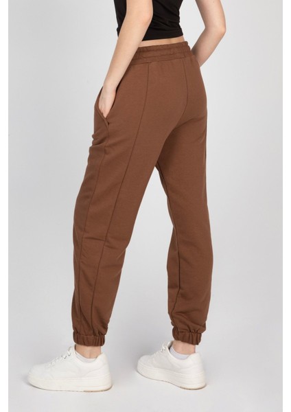 Kadın Orta Yükseklikte Elastik Bel Jogger Pantolonlar Kahverengi