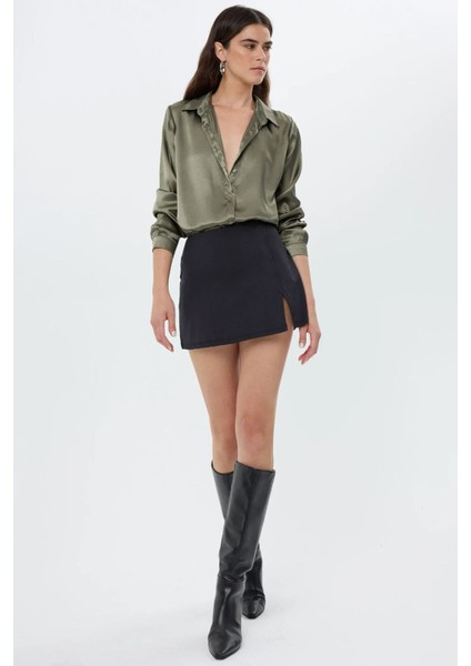 Kadın Saten Klasik Gömlek Haki Yeşil