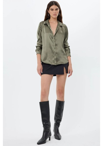Kadın Saten Klasik Gömlek Haki Yeşil