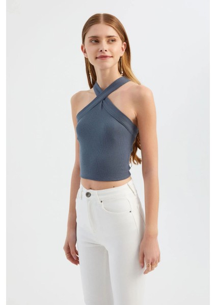 Kadın Askılı Boyun Çapraz Ön Crop Top Grey indirimleri