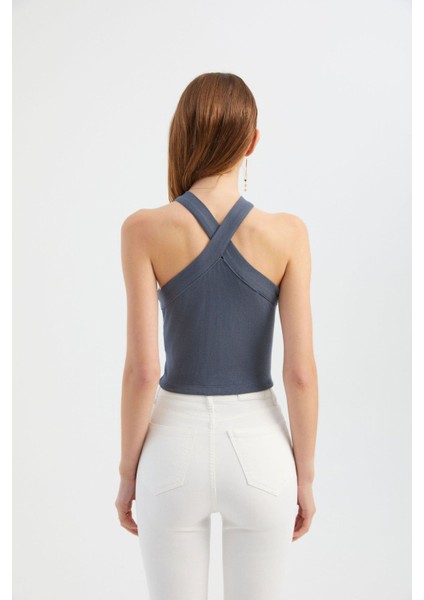 Kadın Askılı Boyun Çapraz Ön Crop Top Grey