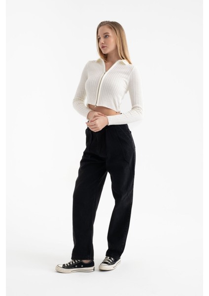 Kadın Polo Yaka Fitilli Fermuarlı Kırpılmış Hırka White