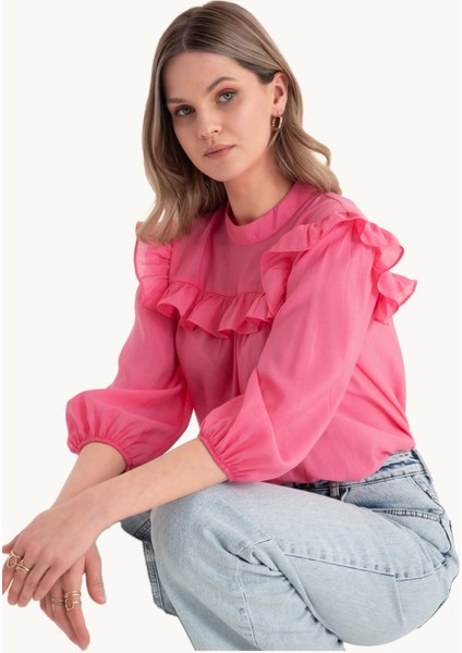 Kadın Yuvarlak Yaka Bol Bluz Red