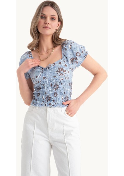 Kadın Çiçek Desenli Sweetheart Yaka Smokeli Üst Puf Kol İle Çok Renkli