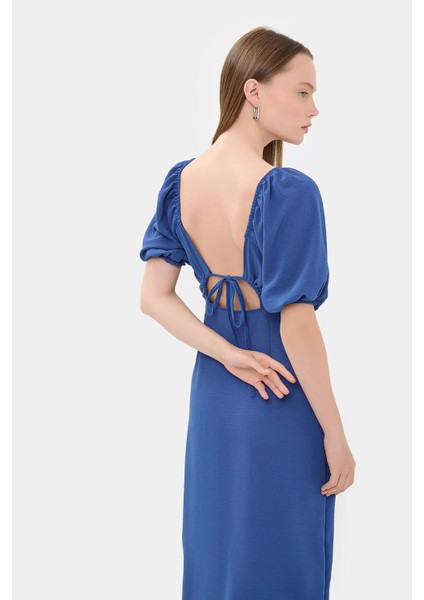 Kadın Yandan Yırtmaçlı Sweetheart Yakalı Midi Elbise Kobalt Mavisi