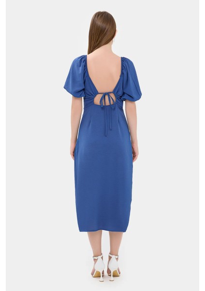 Kadın Yandan Yırtmaçlı Sweetheart Yakalı Midi Elbise Kobalt Mavisi