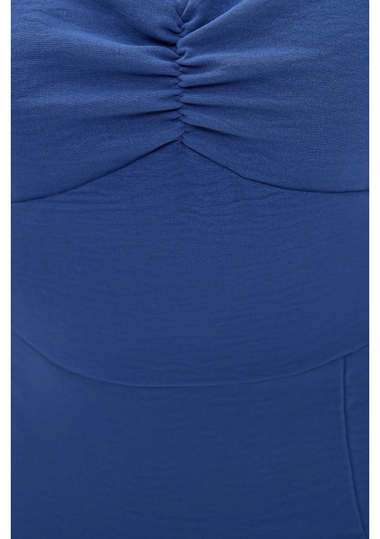 Kadın Yandan Yırtmaçlı Sweetheart Yakalı Midi Elbise Kobalt Mavisi