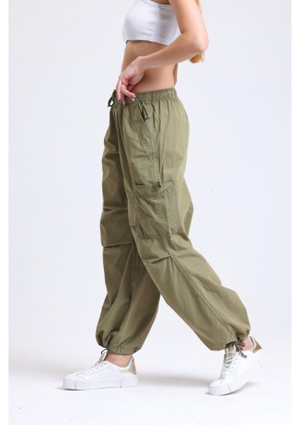 Kadın Açık Mavi Kot Orta Bel Lastikli Paraşüt Pantolon Haki Yeşil