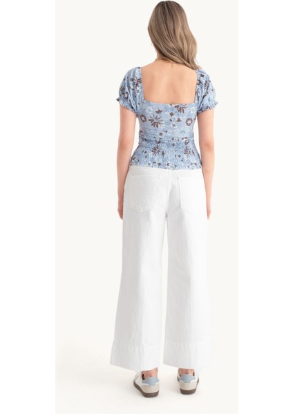 Kadın Çiçek Desenli Sweetheart Yaka Smokeli Üst Puf Kol İle Çok Renkli