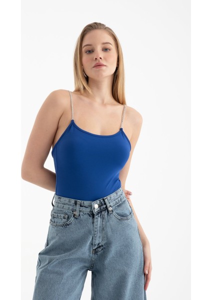 Kadın Scoop Yaka Elmas Kayışlı Vücut Blue