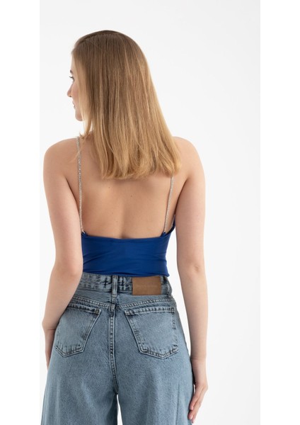 Kadın Scoop Yaka Elmas Kayışlı Vücut Blue