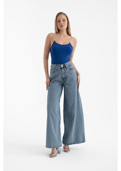 Kadın Scoop Yaka Elmas Kayışlı Vücut Blue