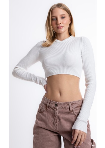 Kadın Yuvarlak Yakalı Fitilli Kırpılmış Kazak White