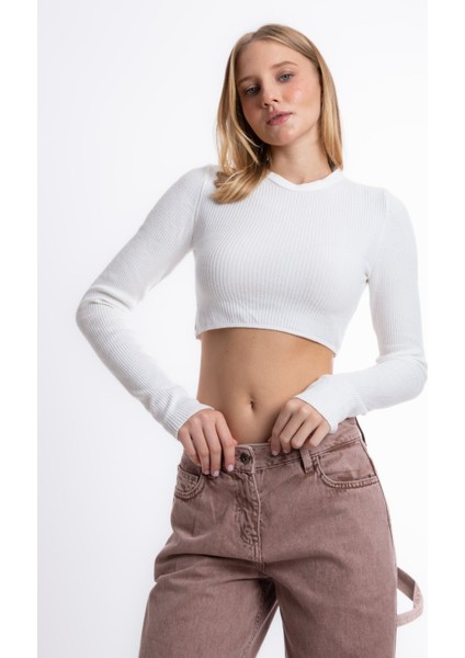 Kadın Yuvarlak Yakalı Fitilli Kırpılmış Kazak White