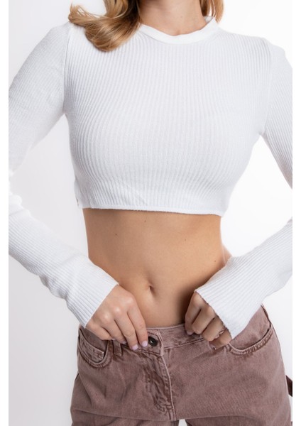 Kadın Yuvarlak Yakalı Fitilli Kırpılmış Kazak White