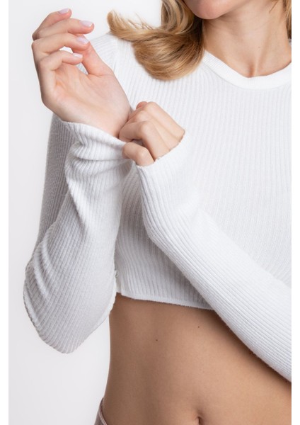 Kadın Yuvarlak Yakalı Fitilli Kırpılmış Kazak White