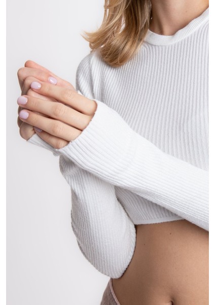 Kadın Yuvarlak Yakalı Fitilli Kırpılmış Kazak White