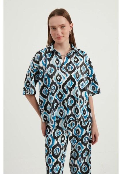 Kadın Dökümlü Kısa Kollu Saten Boho Gömlek Blue