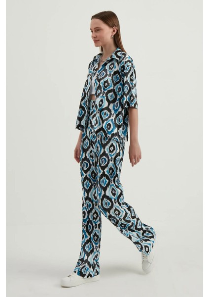 Kadın Dökümlü Kısa Kollu Saten Boho Gömlek Blue