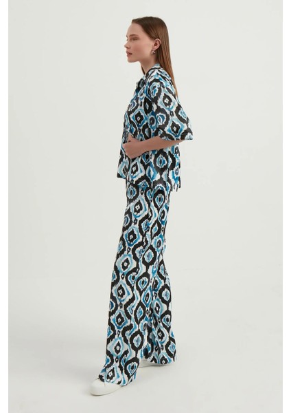 Kadın Dökümlü Kısa Kollu Saten Boho Gömlek Blue