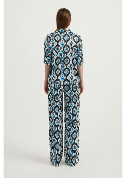 Kadın Dökümlü Kısa Kollu Saten Boho Gömlek Blue