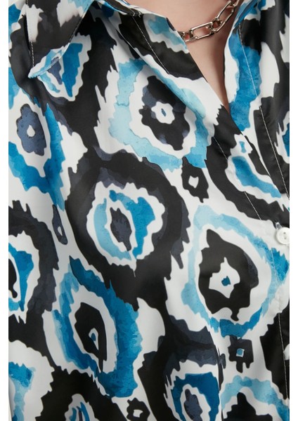 Kadın Dökümlü Kısa Kollu Saten Boho Gömlek Blue