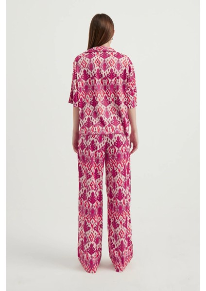 Kadın Saten Geometrik Yüksek Bel Boho Pantolon Multicolor