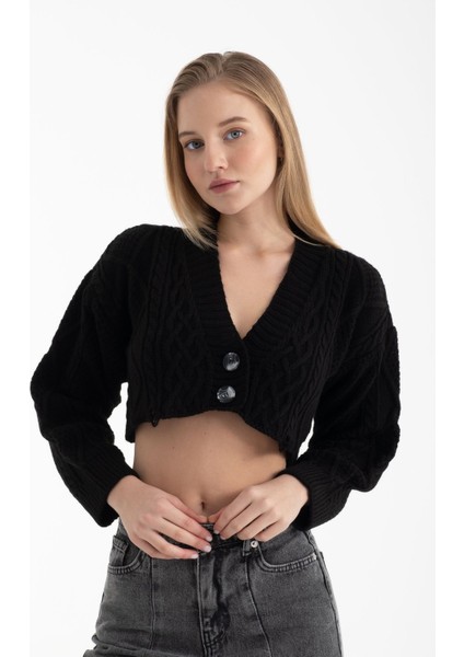 Kadın V Yaka Düğmeli Kırpılmış Hırka Black