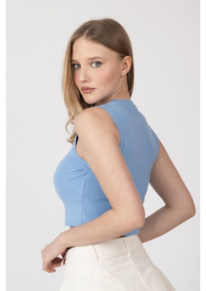 Kadın Örme Bisiklet Yaka Crop Top Mavi