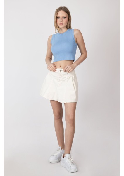 Kadın Örme Bisiklet Yaka Crop Top Mavi