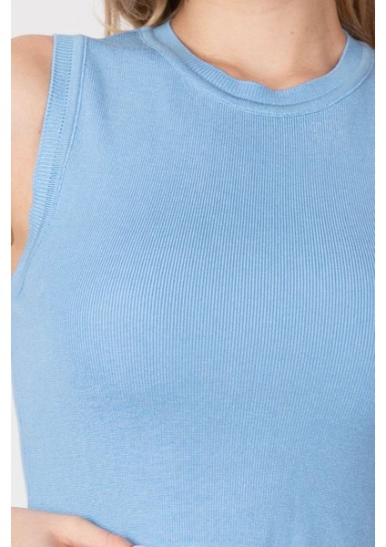 Kadın Örme Bisiklet Yaka Crop Top Mavi