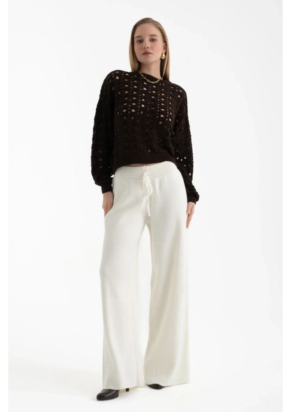 Kadın Örme Bağcıklı Geniş Kesim Pantolon White