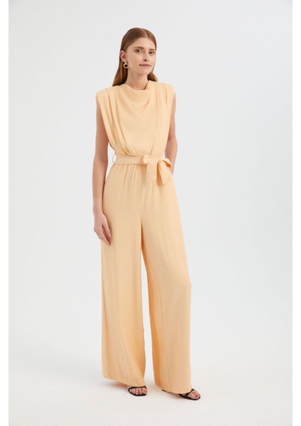 Kadın Kemer Detaylı Bisiklet Yaka Geniş Bacaklı Tulum Kehribar Sarısı indirimleri