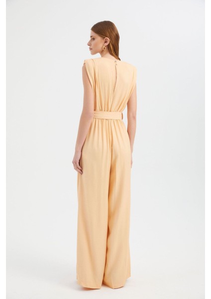 Kadın Kemer Detaylı Bisiklet Yaka Geniş Bacaklı Tulum Kehribar Sarısı