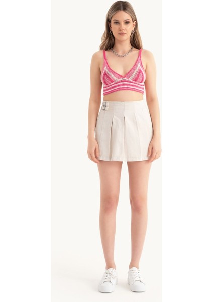 Kadın Şeritli V Yaka Örme Kroşe Crop Top Pink