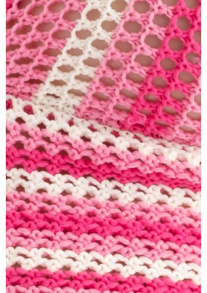 Kadın Şeritli V Yaka Örme Kroşe Crop Top Pink