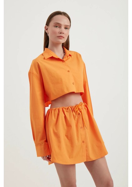 Kadın Geniş Kollu Oversize Kırpılmış Gömlek Orange