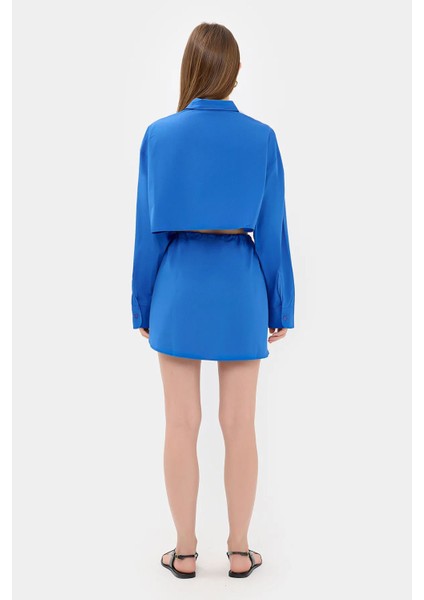 Kadın Geniş Kollu Oversize Kırpılmış Gömlek Blue