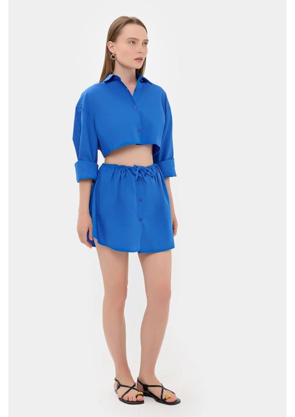 Kadın Yüksek Bel Fermuarlı Mini Etek Blue