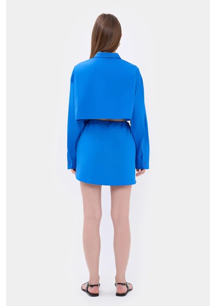 Kadın Yüksek Bel Fermuarlı Mini Etek Blue