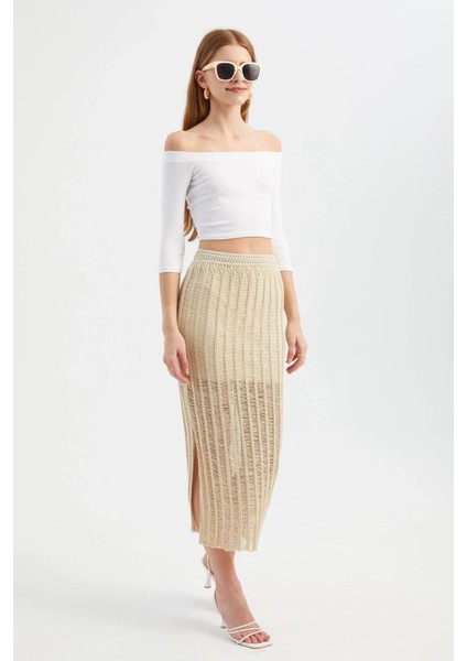 Kadın Örme Açık İşlemeli Yüksek Bel Yırtmaçlı Midi Etek Natural