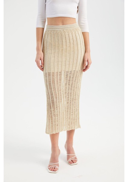 Kadın Örme Açık İşlemeli Yüksek Bel Yırtmaçlı Midi Etek Natural