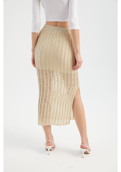 Kadın Örme Açık İşlemeli Yüksek Bel Yırtmaçlı Midi Etek Natural