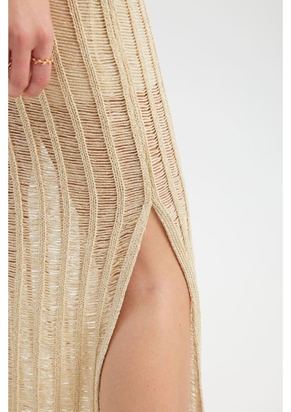 Kadın Örme Açık İşlemeli Yüksek Bel Yırtmaçlı Midi Etek Natural