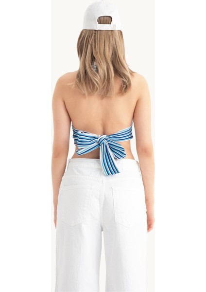 Kadın Şeritli Derin V Yaka Boyun Askılı Sırtı Açık Crop Top Mavi