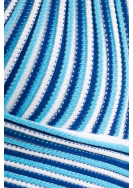 Kadın Şeritli Derin V Yaka Boyun Askılı Sırtı Açık Crop Top Mavi