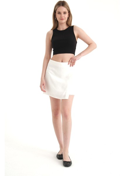 Kadın Düğme Detaylı Ketenden Yüksek Bel Mini Etek Beyaz