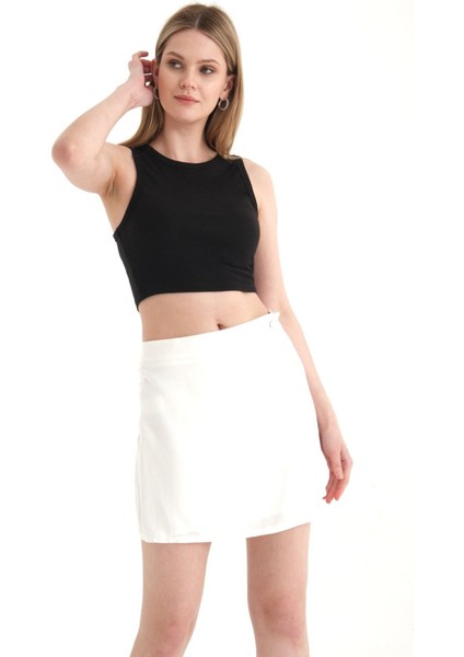 Kadın Düğme Detaylı Ketenden Yüksek Bel Mini Etek Beyaz