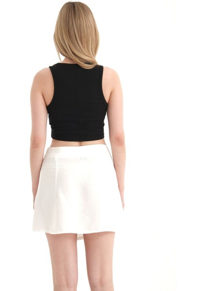 Kadın Düğme Detaylı Ketenden Yüksek Bel Mini Etek Beyaz